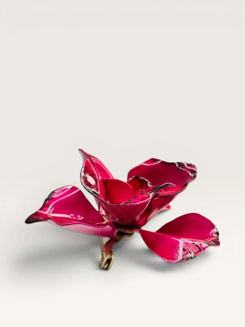 1970s Fuchsia Pink Enamel Flower Brooch Layered Floral Faux Pearl Vintage